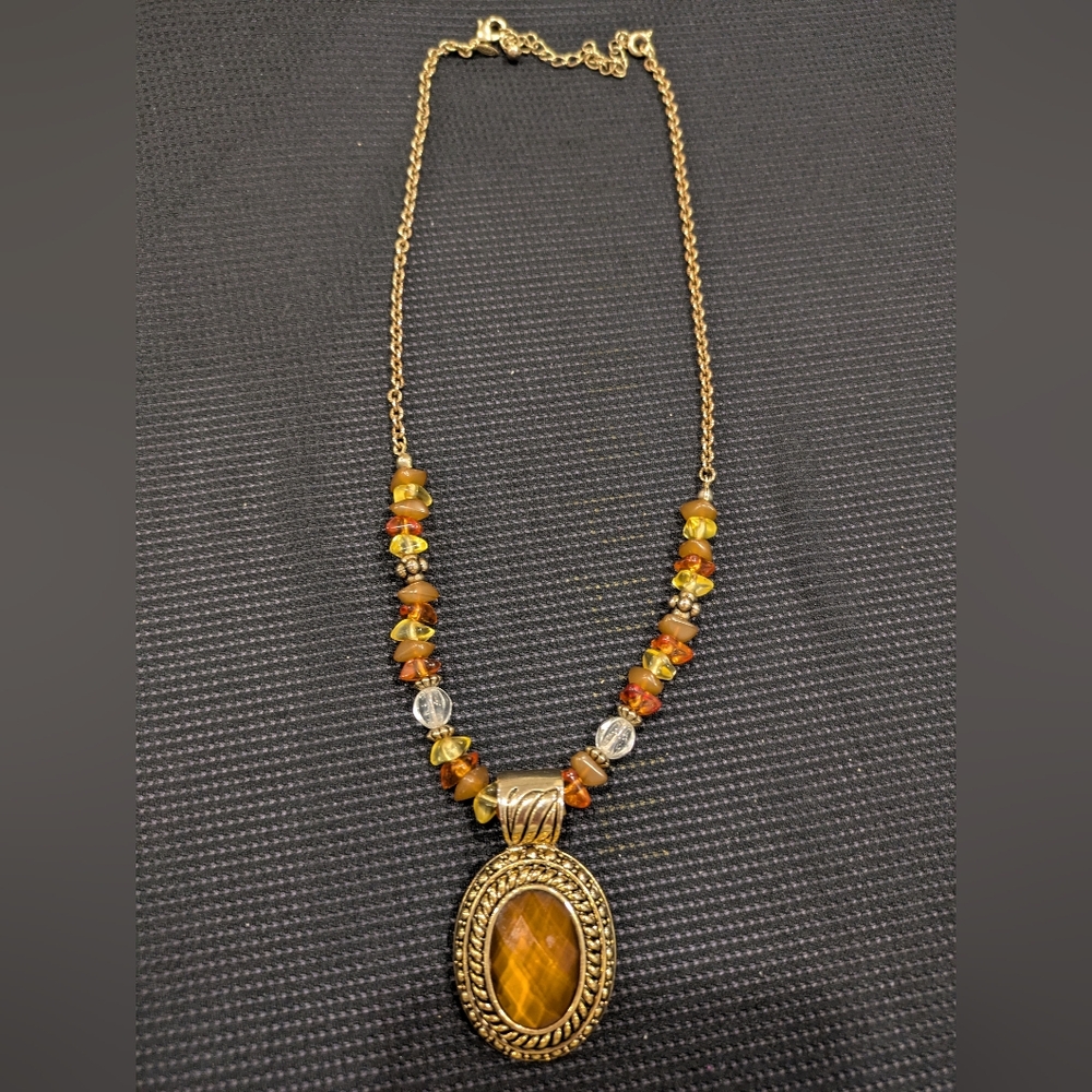 Vintage Faux Amber Necklace 20" Pendant 2"